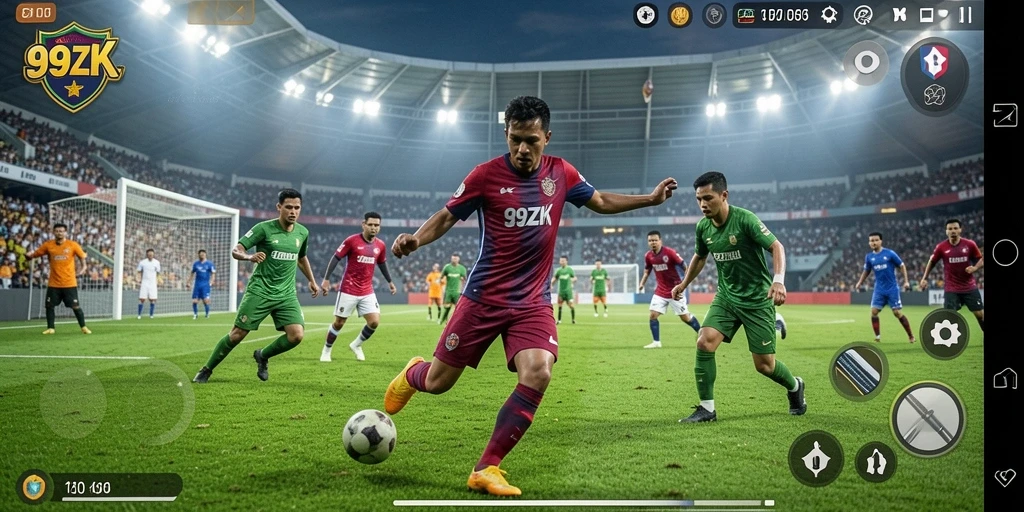 Tampilan gameplay 99ZK yang mendebarkan di lapangan sepak bola.