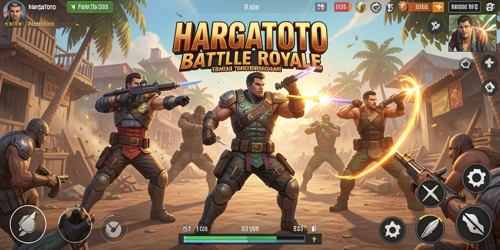 Tangkapan layar utama HARGATOTO menampilkan aksi seru dalam pertarungan Battle Royale.