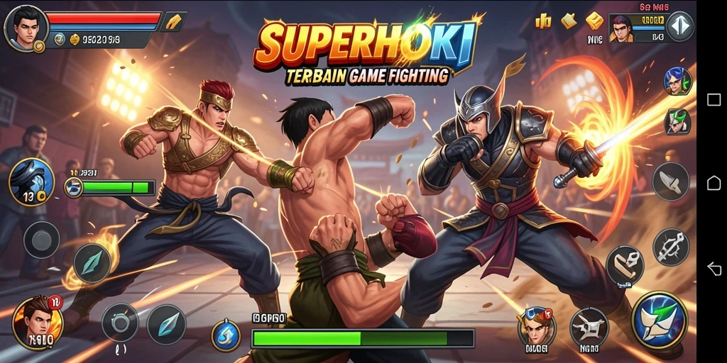 Tampilan gameplay SUPERHOKI yang epik dalam pertarungan.