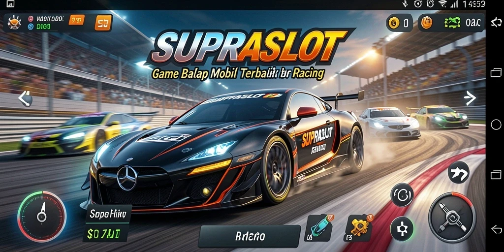 Screenshot gameplay SUPRASLOT dengan aksi balap yang mendebarkan.